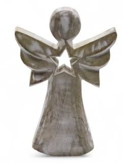Dřevěný anděl s bílou patinou a výřezem hvězdy, 18 cm